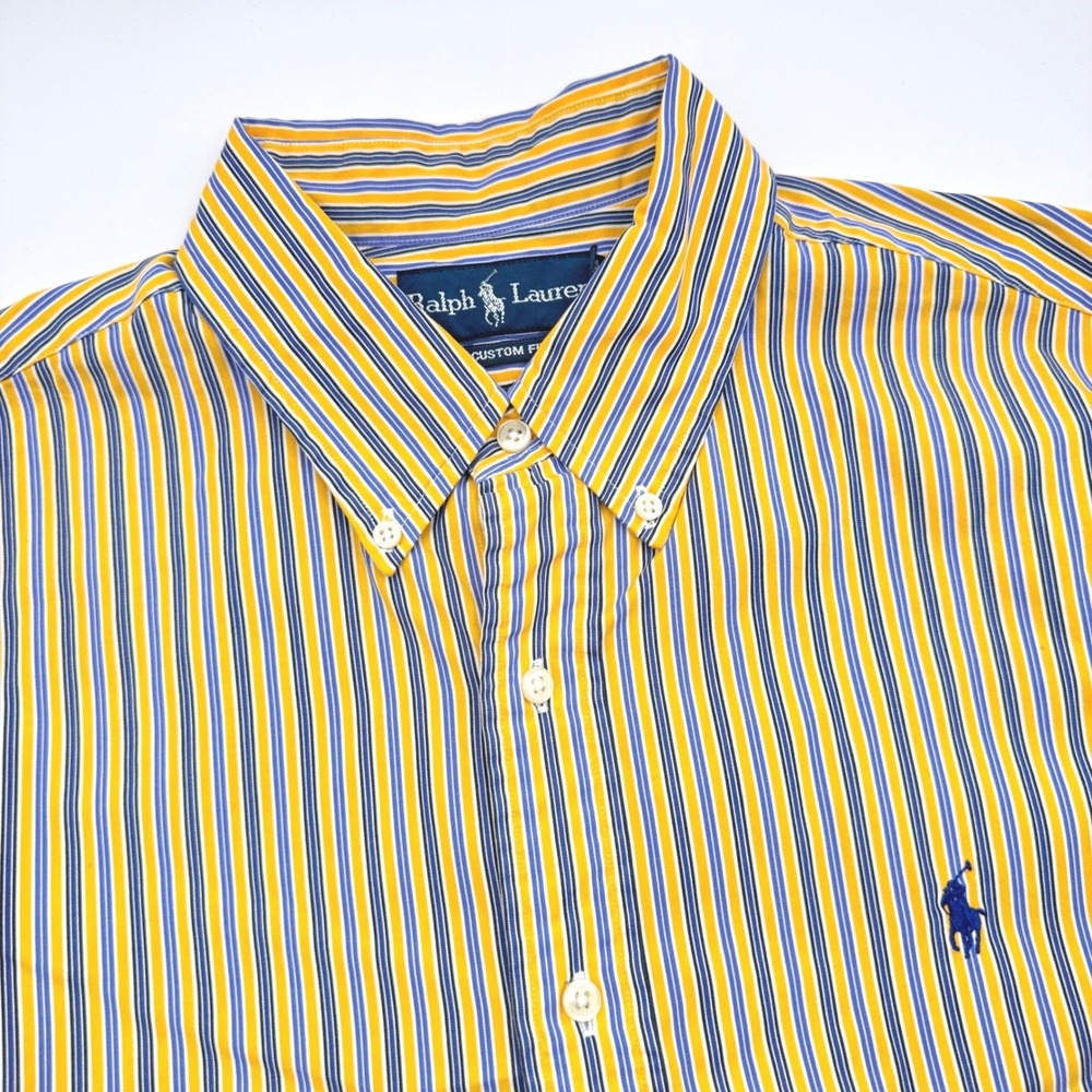 Polo Ralph Lauren Men's‎ Large Custom Fit Striped Button Down Shirt Yellow Blue